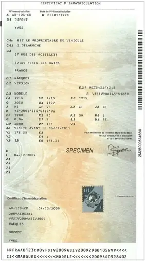 Specimen d'un certificat d'immatriculation