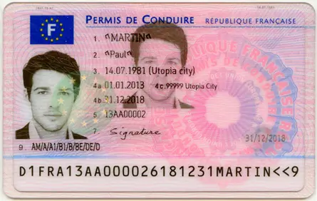 Specimen d'un permis de conduire français